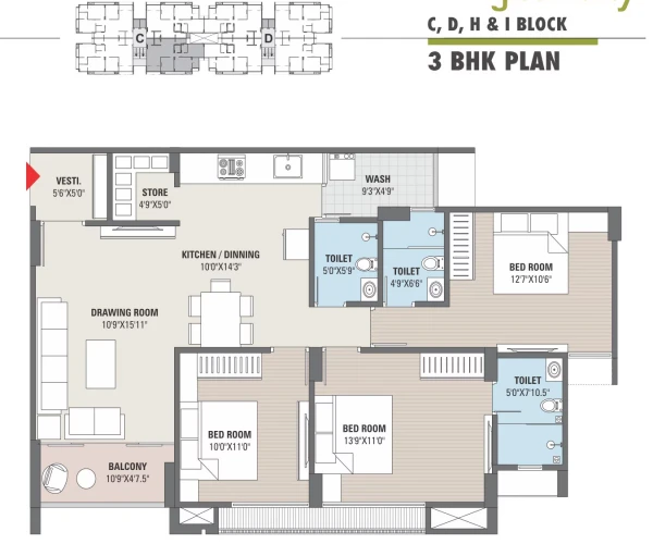 3 BHK Plan - Block C,D,H & I - Type 2
